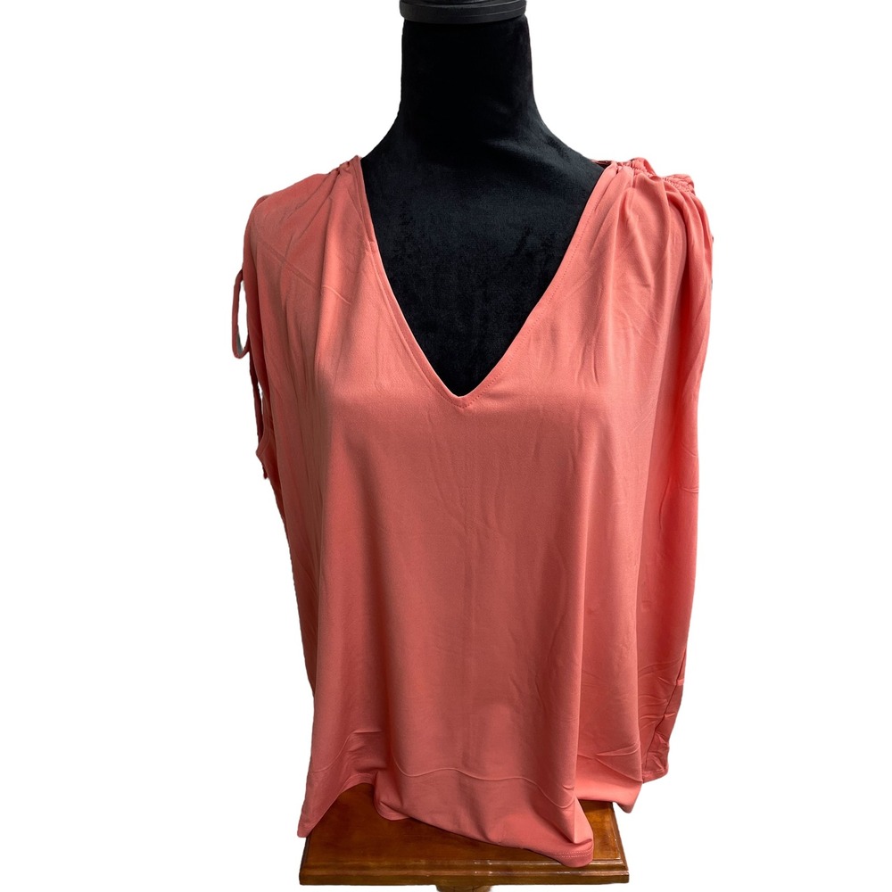 Worthington V-Neck Blouse Tie Sleeve‎ Coral Top Elegant 0X